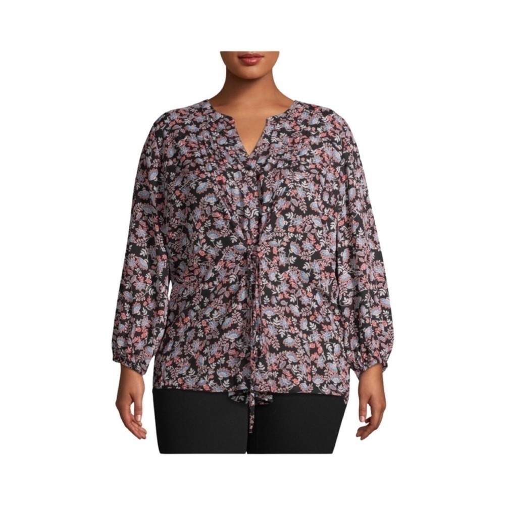 Terra & Sky Floral Long Sleeve V-Neck Printed Top with Cinched Waist Sz 0X (14W)